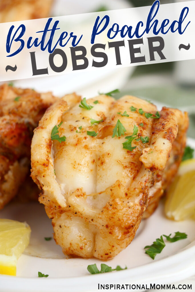 Closeup shot of butter poached lobster tail on plate