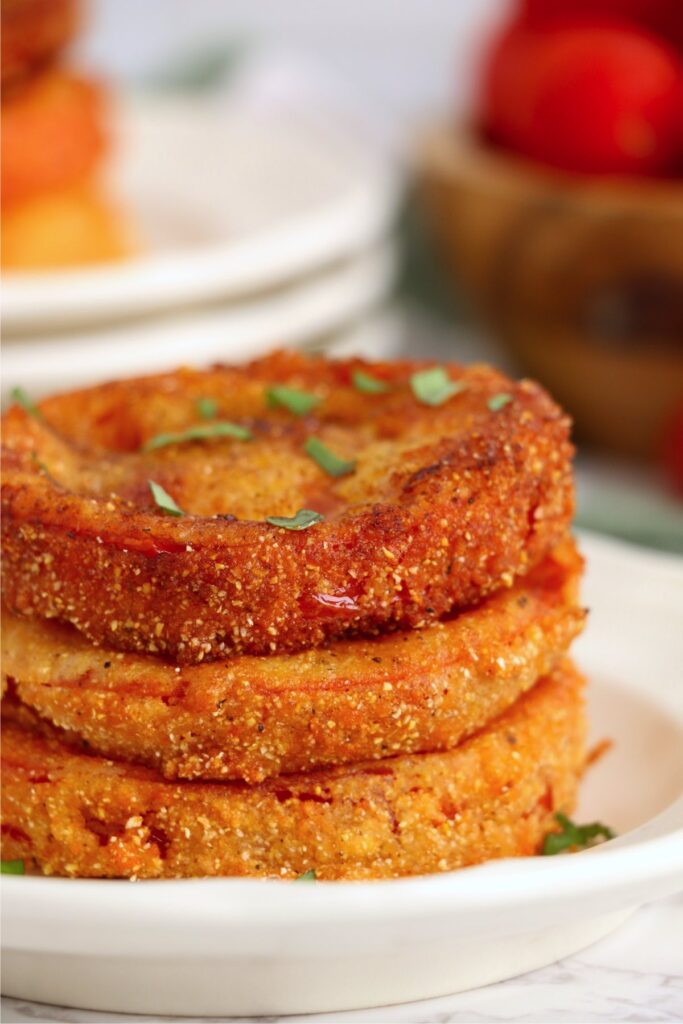 Closeup shot of a stack of fried red tomatoes on plate