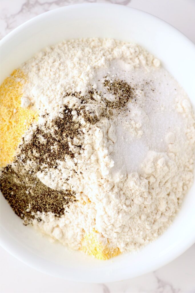 Overhead shot of dry dredge ingredients in bowl