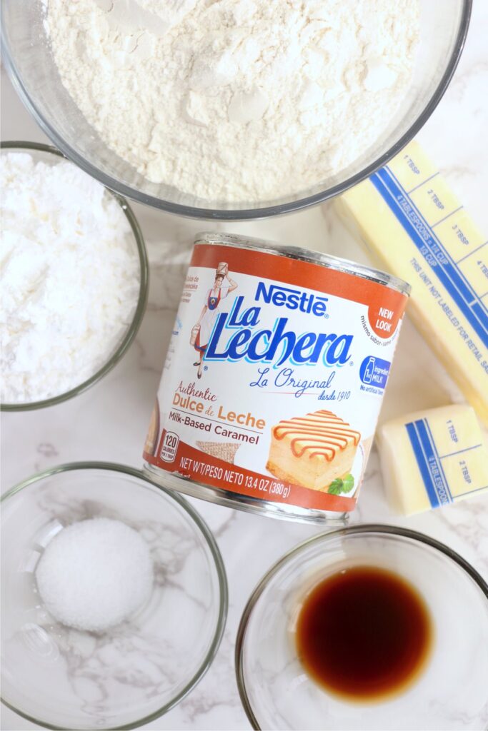 Overhead shot of individual cookie ingredients on table