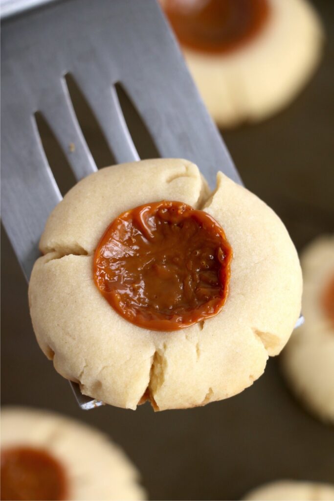 Closeup overhead shot of dulce de leche cookie on spatula