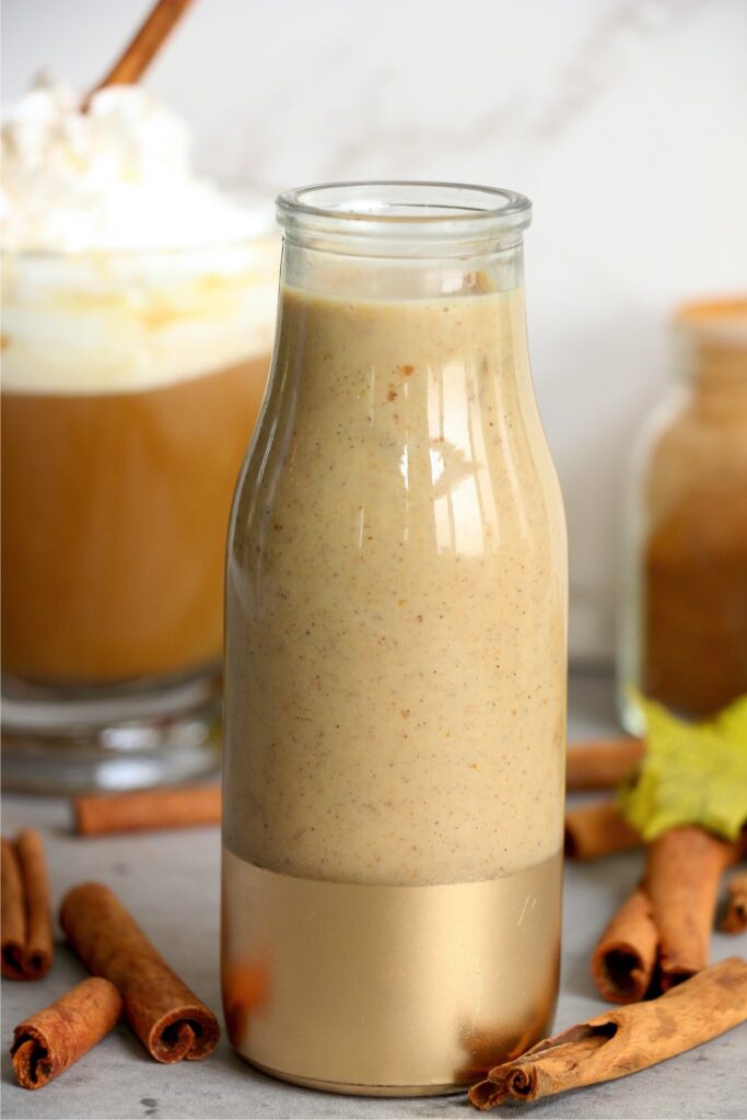 Closeup shot of homemade pumpkin coffee creamer in jar