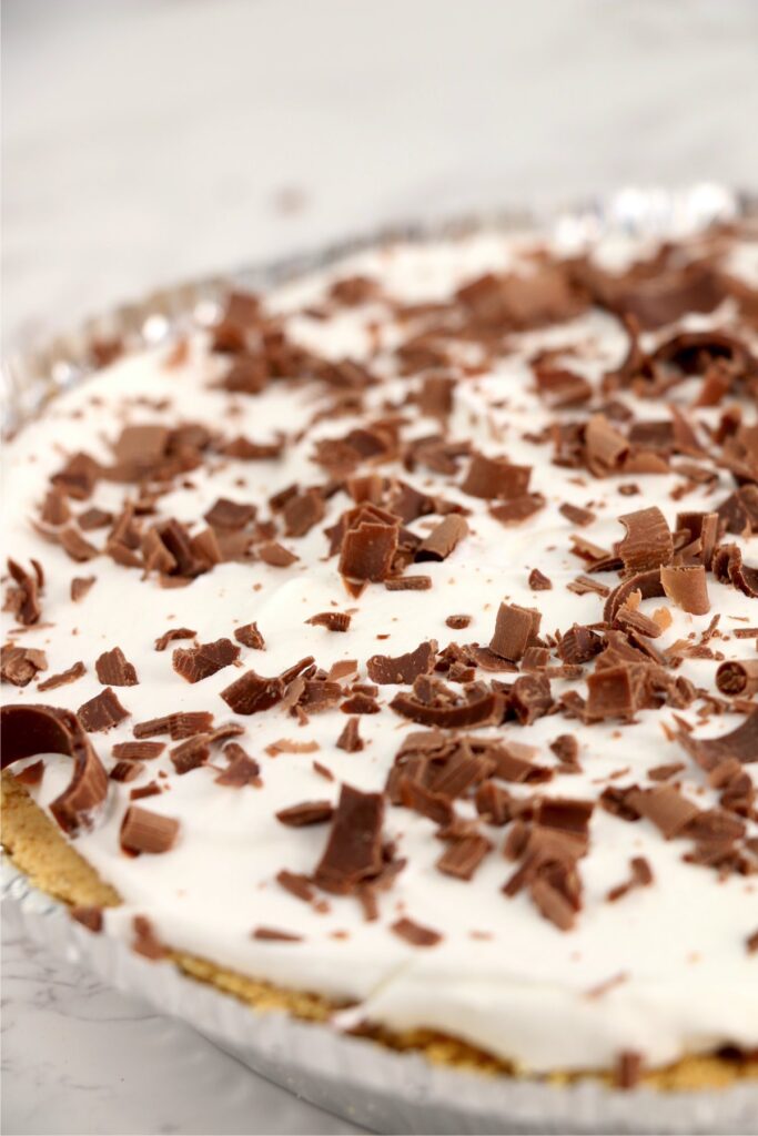 Closeup shot of no bake chocolate pie topped with chocolate shavings