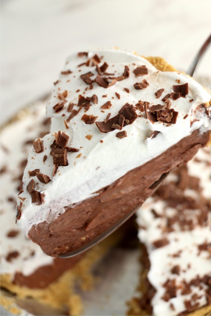 Closeup shot of slice of no bakd chocolate pie on spatula