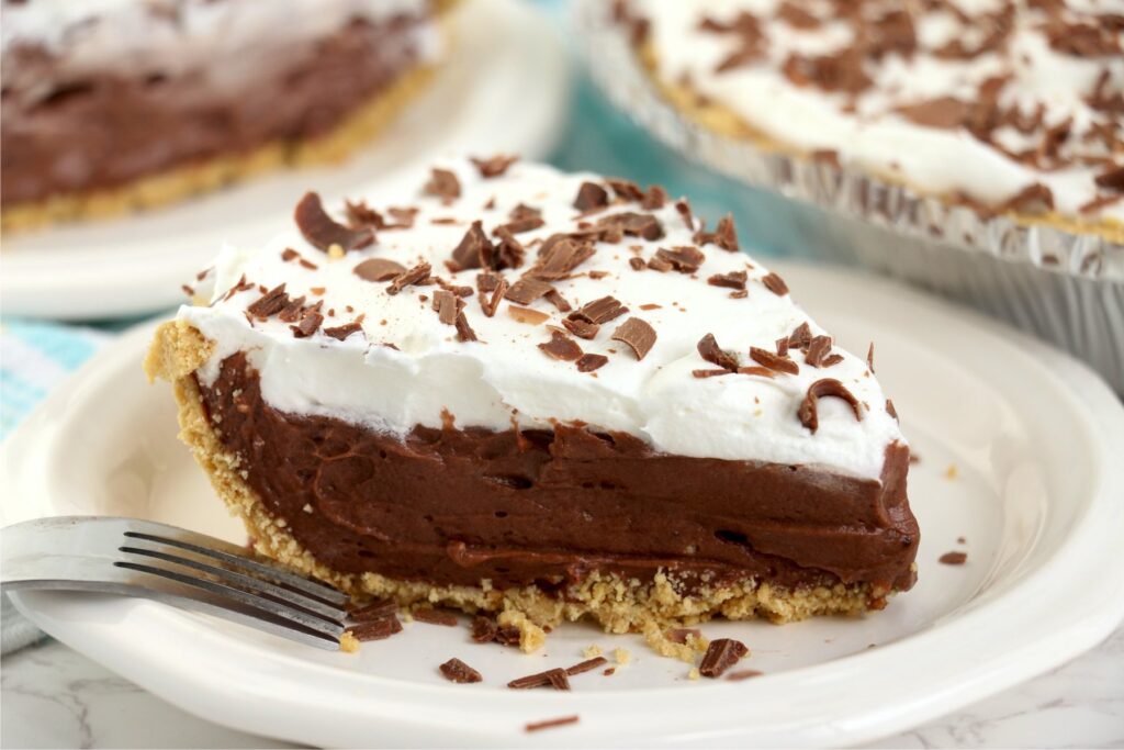 Closeup shot of slice of no bake chocolate pie on plate