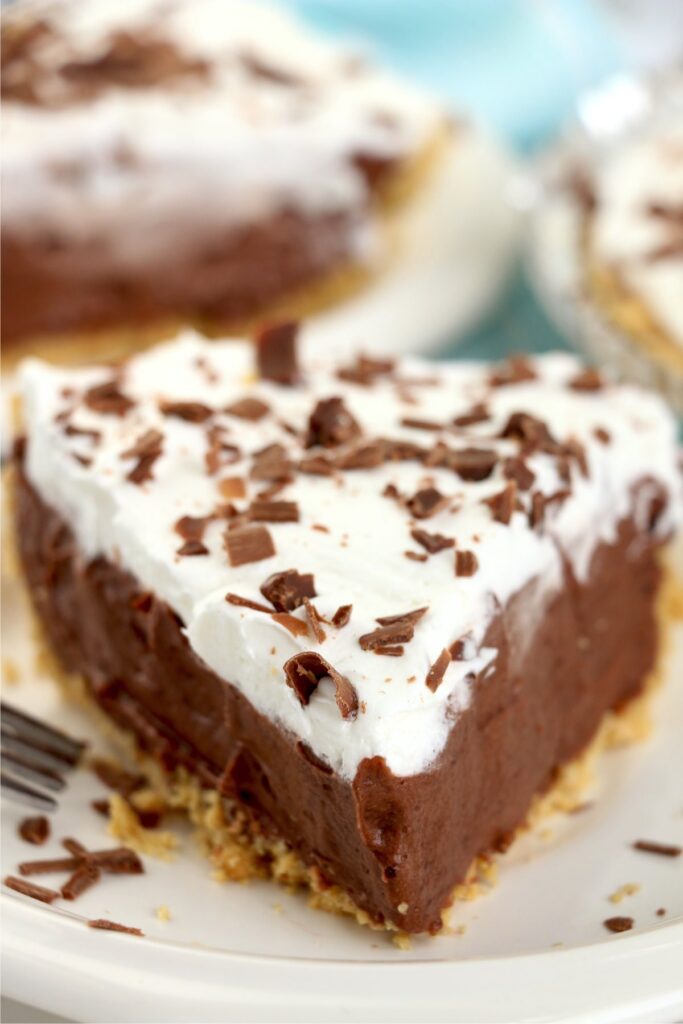 Closeup shot of slice of no bake chocolate pie