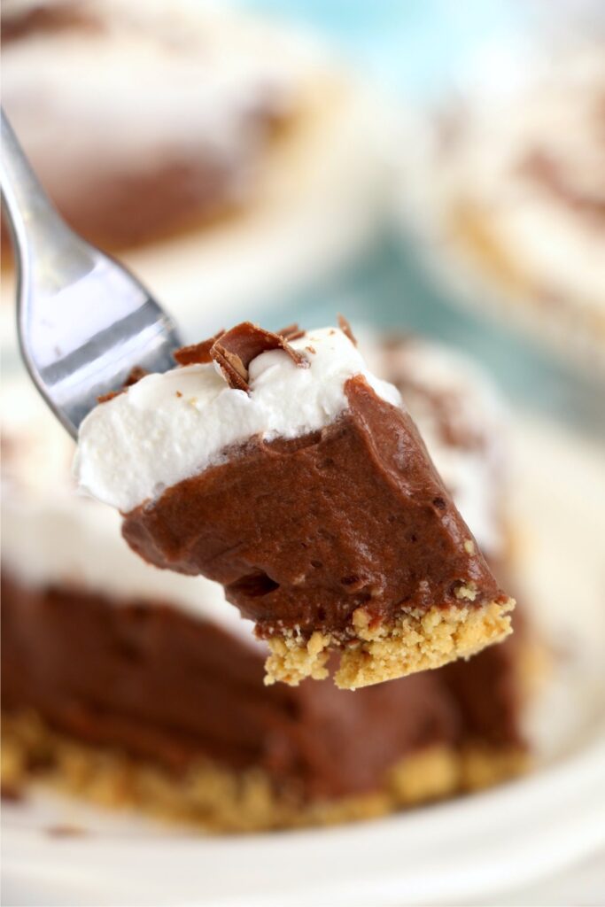 Closeup shot of forkful of no bake chocolate pie