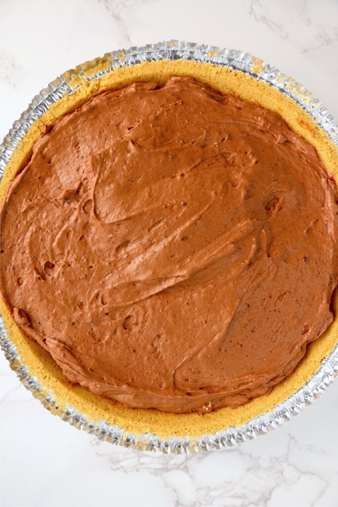 Overhead shot of no bake chocolate pie in pie dish