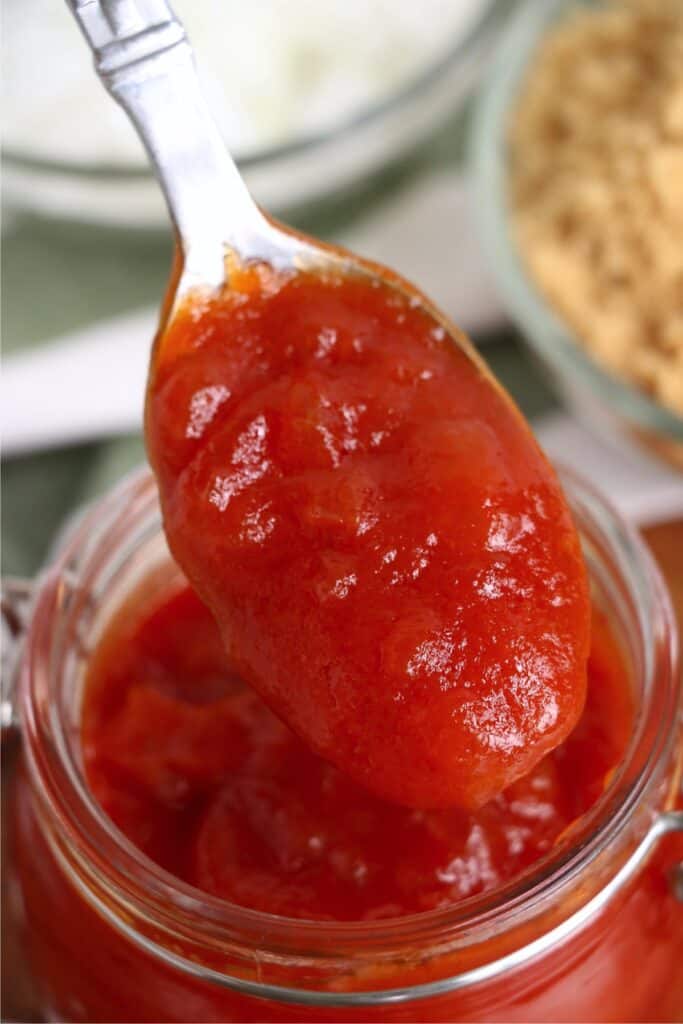 Closeup shot of spoonful of onion ketchup