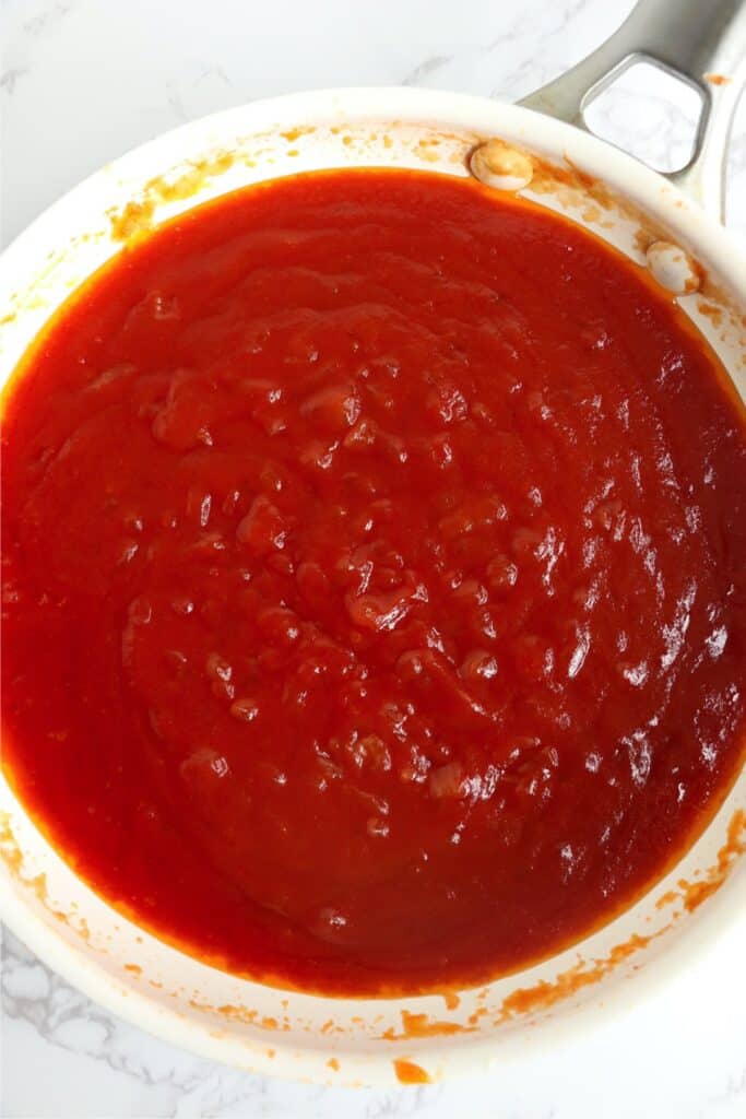 Overhead shot of onion ketchup in pan