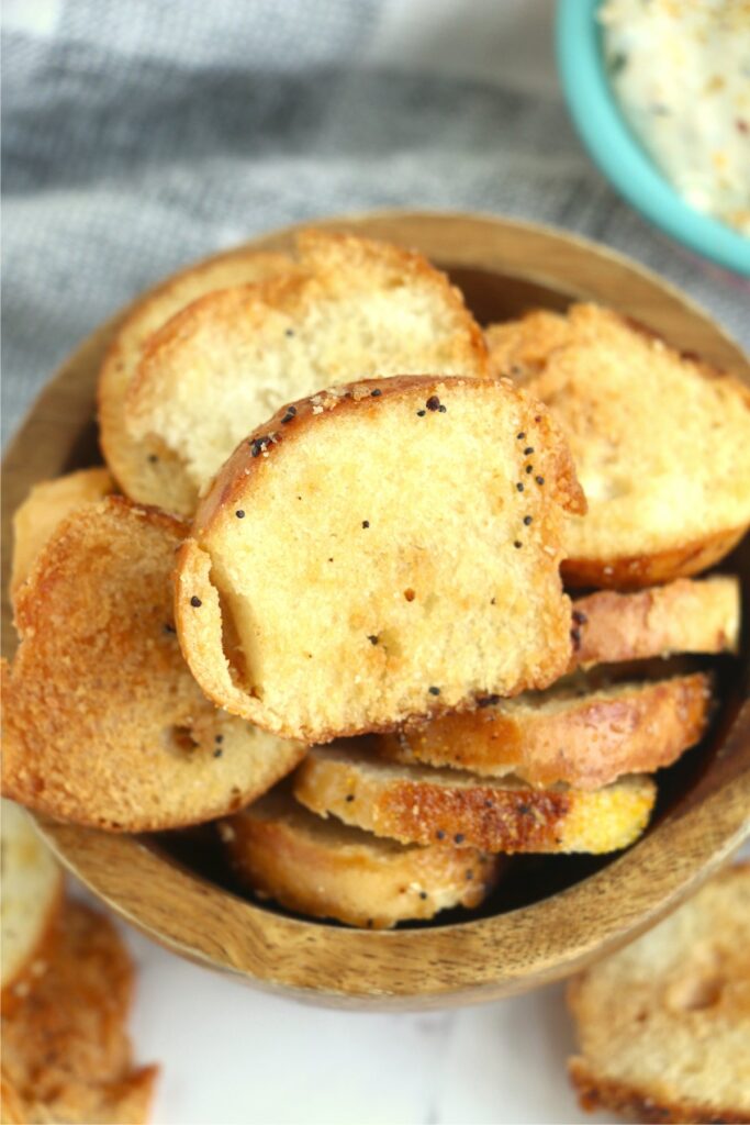 Closeup overhead shot of air fryer bagel chips in bowl