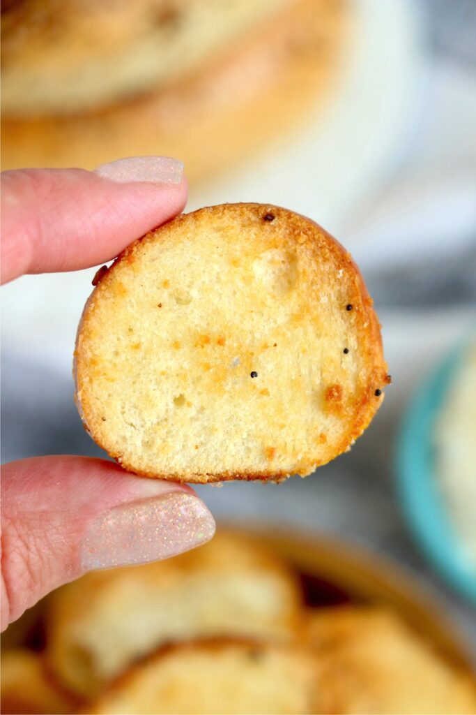 Closeup shot of hand holding an air fryer bagel chip