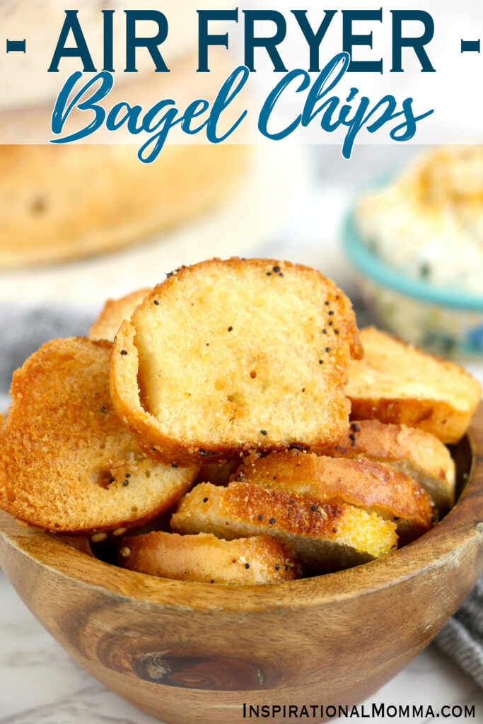 Closeup shot of bowlful of air fyer bagel chips.