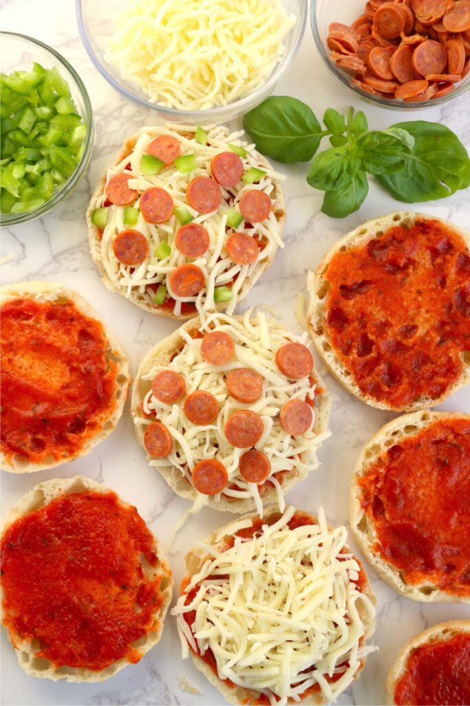 Overhead shot of English muffin pizzas ready to be air fried