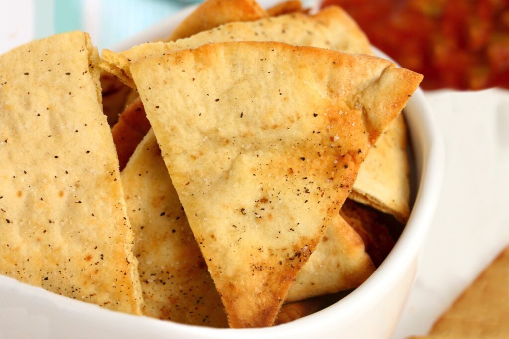 Closeup shot of bowlful of pita chips