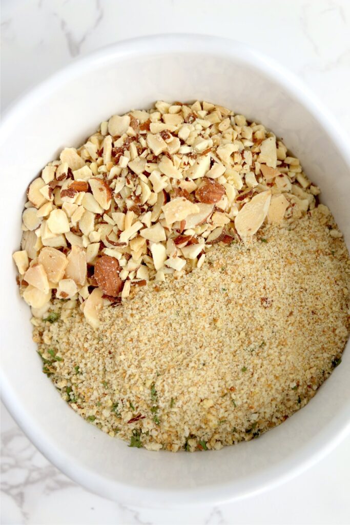 Almonds and breadcrumbs in bowl