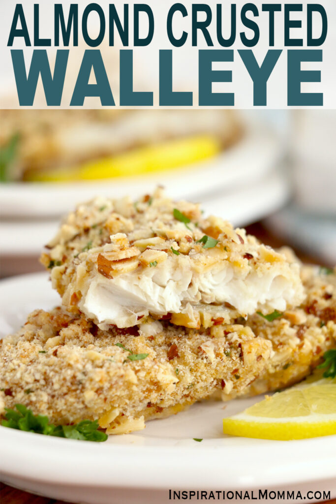 Closeup shot of two almond crusted walleye filets on plate with bite taken out of one