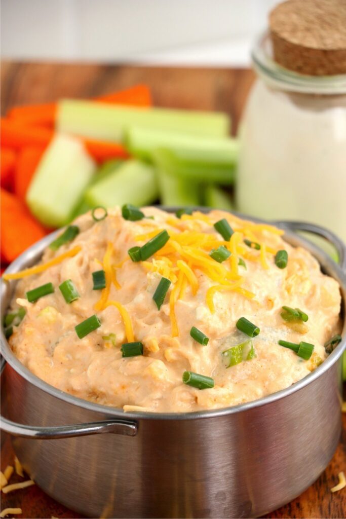 Closeup shot of bowlful of Buffalo chicken dip without cream cheese