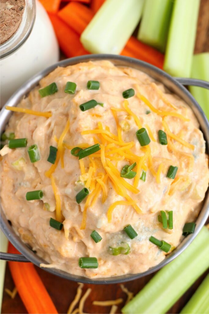 Ovrehead closeup shot of bowlful of Buffalo chicken dip withot cream cheese