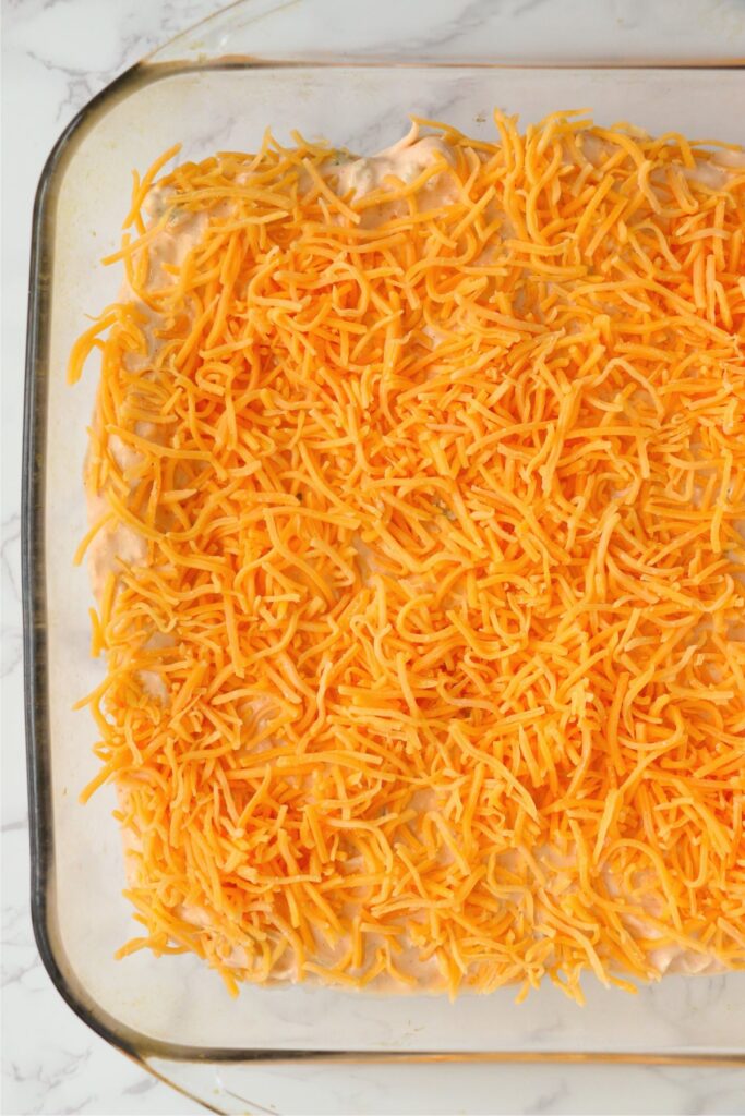 Ovehead shot of baking dish full of Buffalo chicken dip without cream cheese