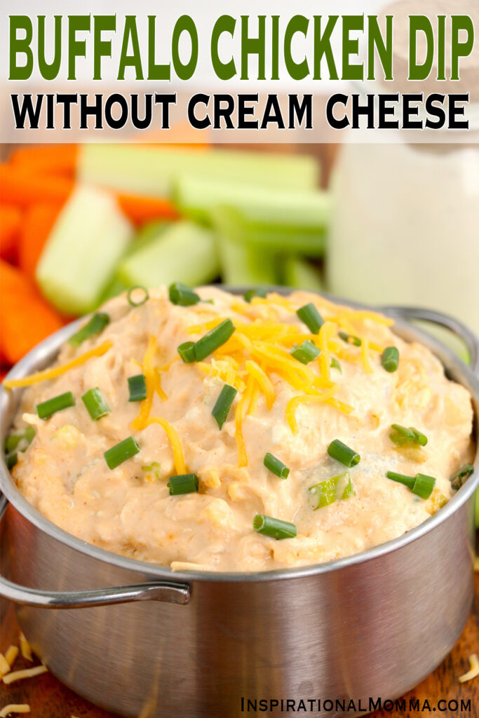 Closeup shot of bowl filled with Buffalo chicken dip without cream cheese