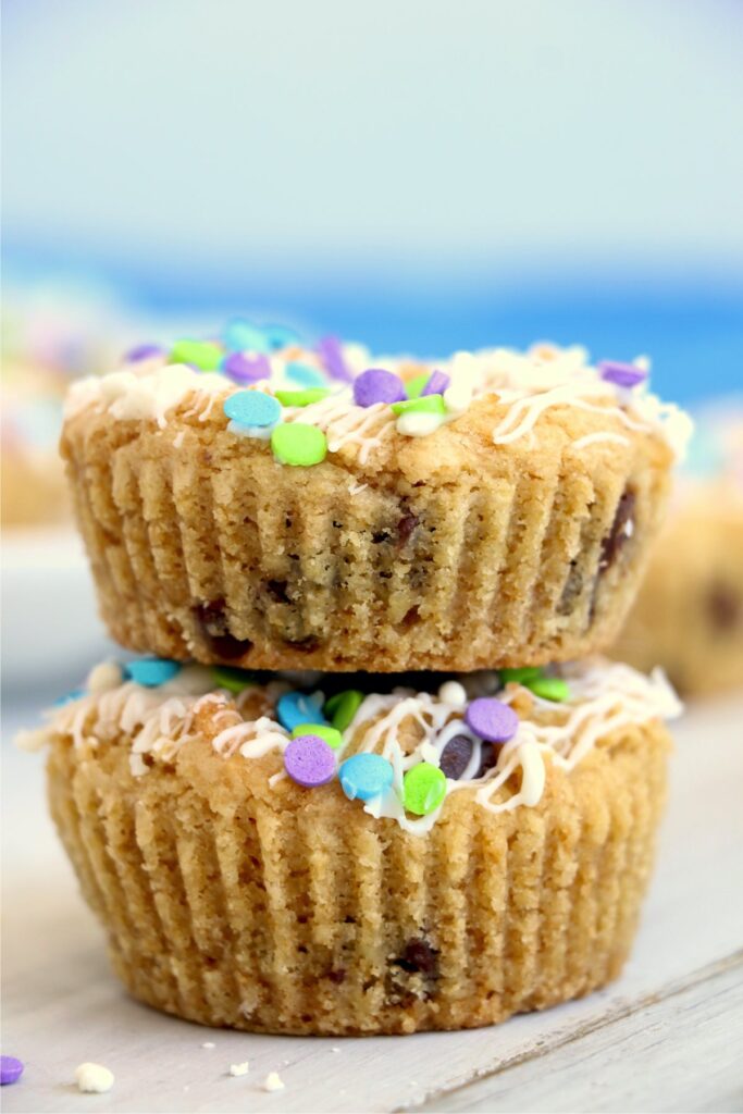 Closeup shot of chocolate chip cookie muffins stacked atop one another