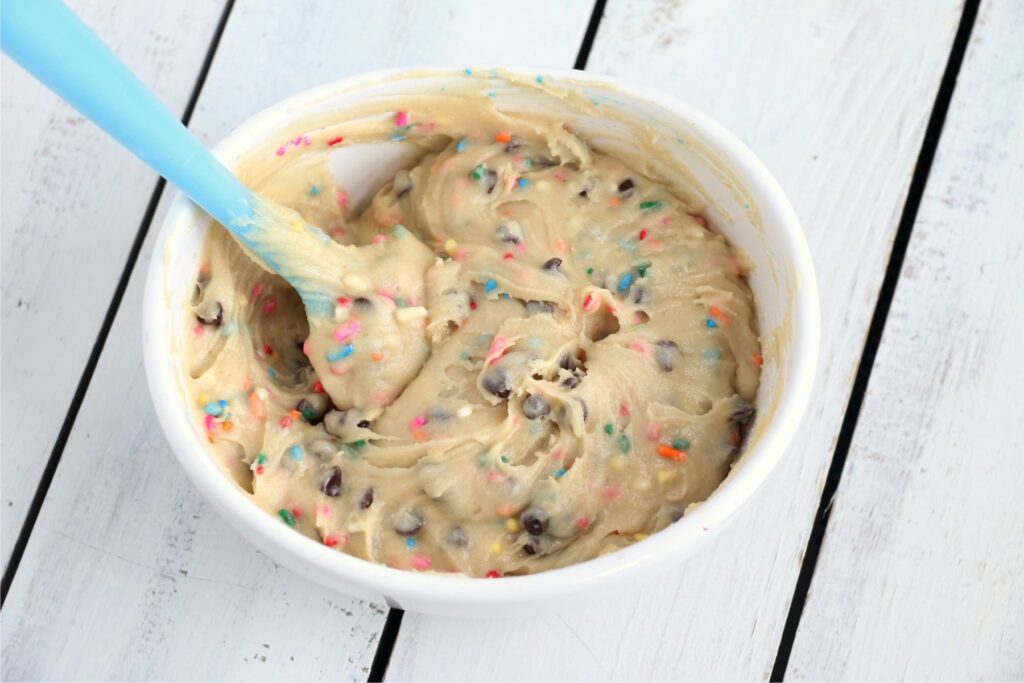 Spatula in bowl of cookie dough dip