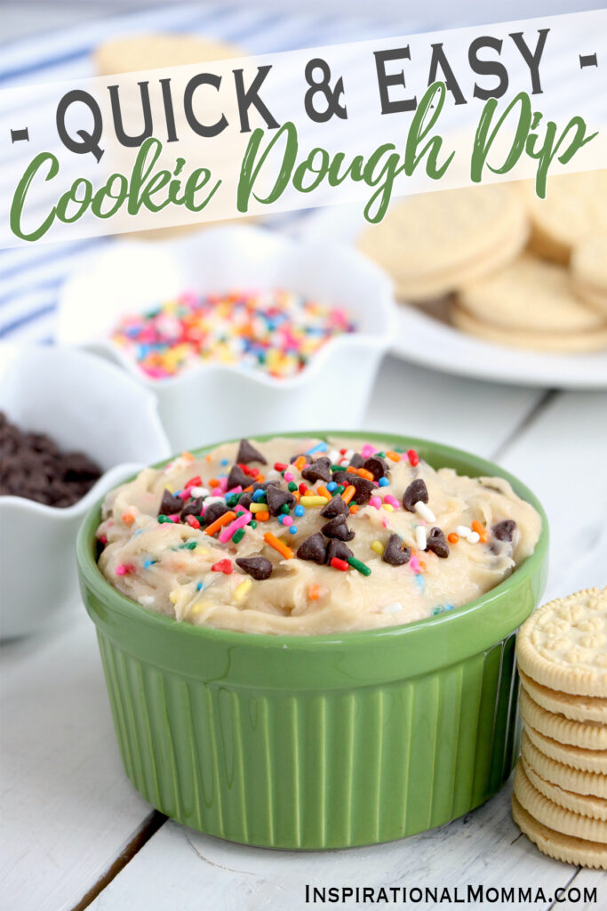 Green ramekin filled with cookie dough dip