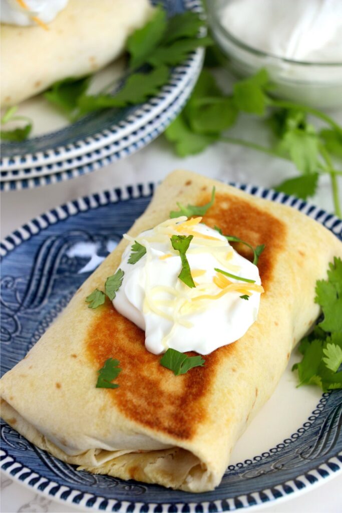 Fried chicken salsa wrap topped with sour cream on plate