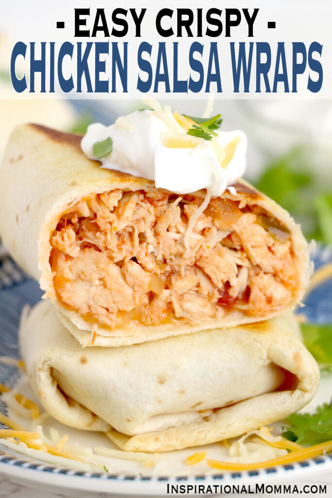 Closeup shot of two chicken salsa wraps stacked atop one another with top wrap cut in half
