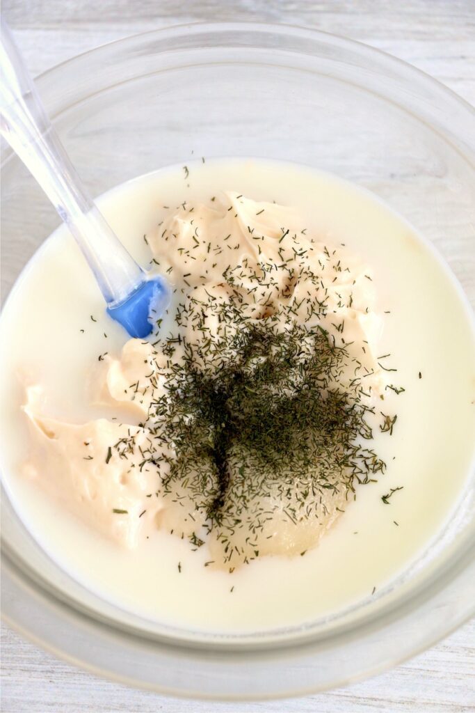 Overhead shot of dressing ingredients in bowl