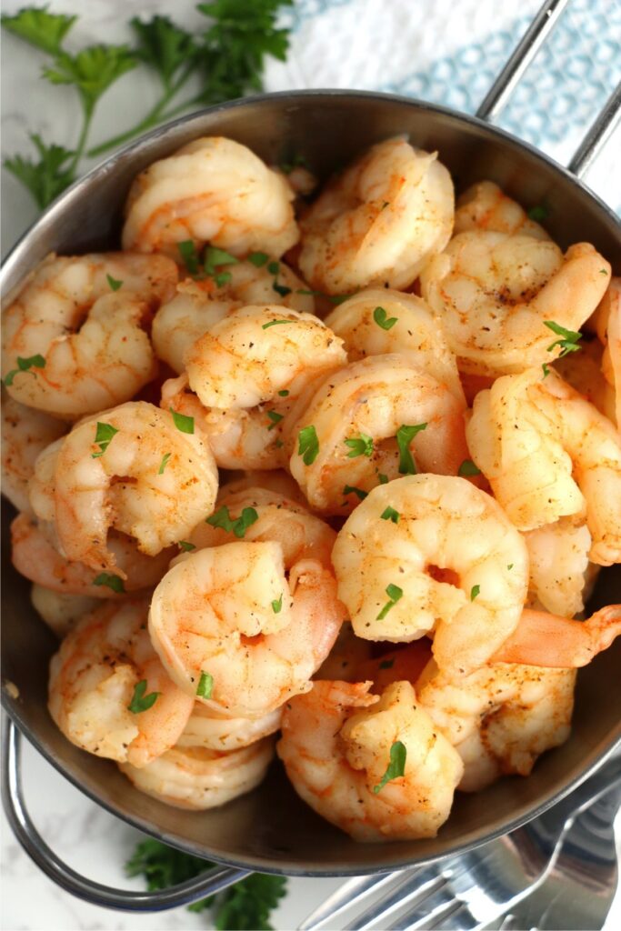 Overehead shot of pot with cooked shrimp