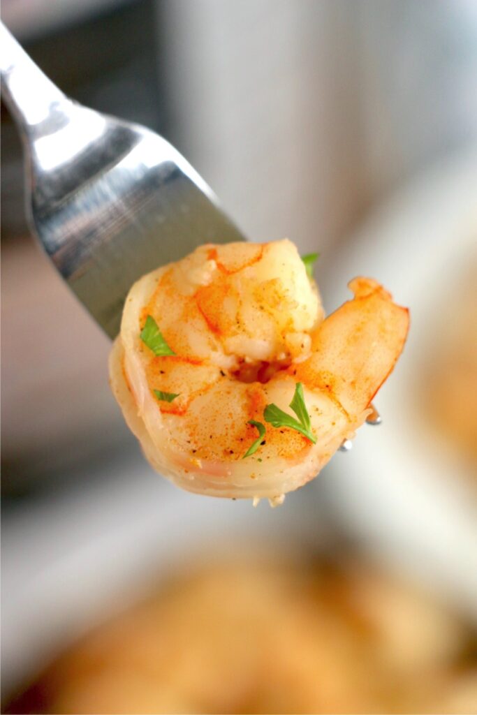 Closeup shot of forkful of shrimp