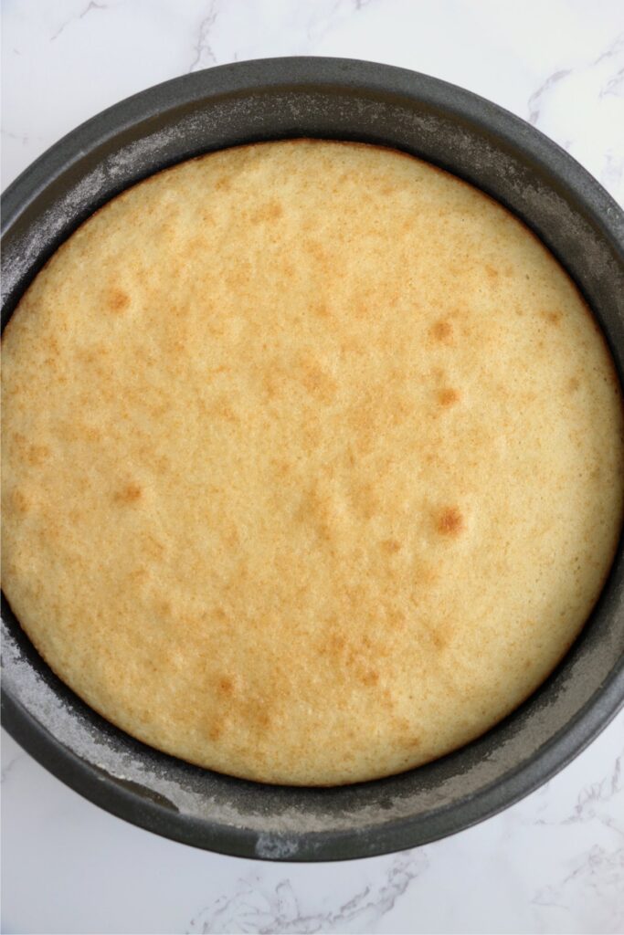 Overhead shot of cooked cake in round pan