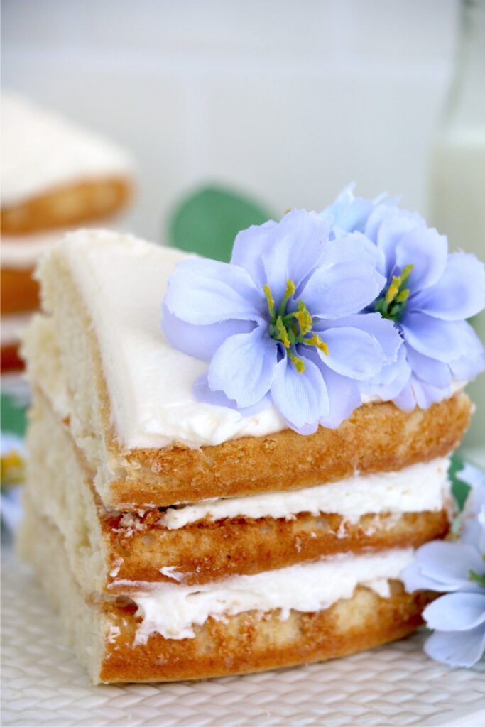 Closeup shot of slice of naked flower cake