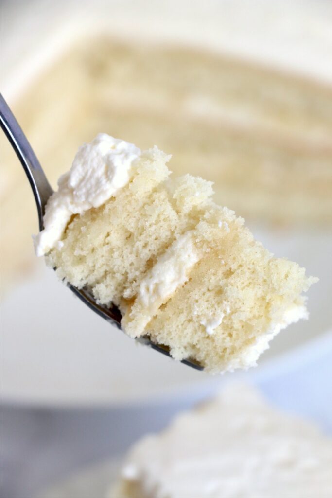 Closeup shot of forkful of naked flower cake