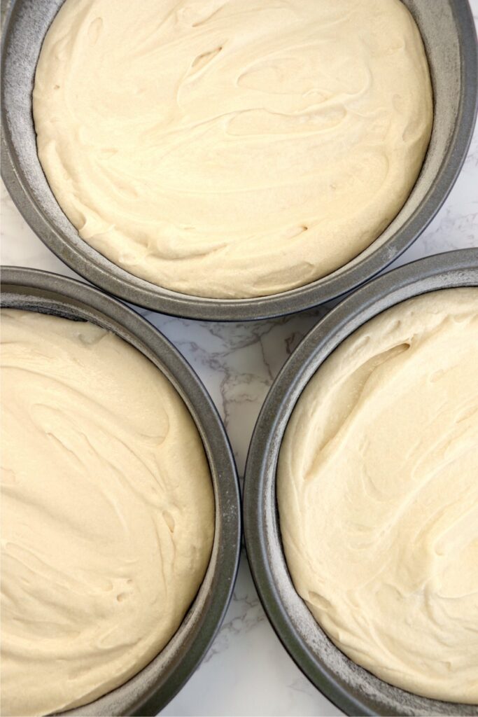 Overehead shot of three cake pans filled with batter