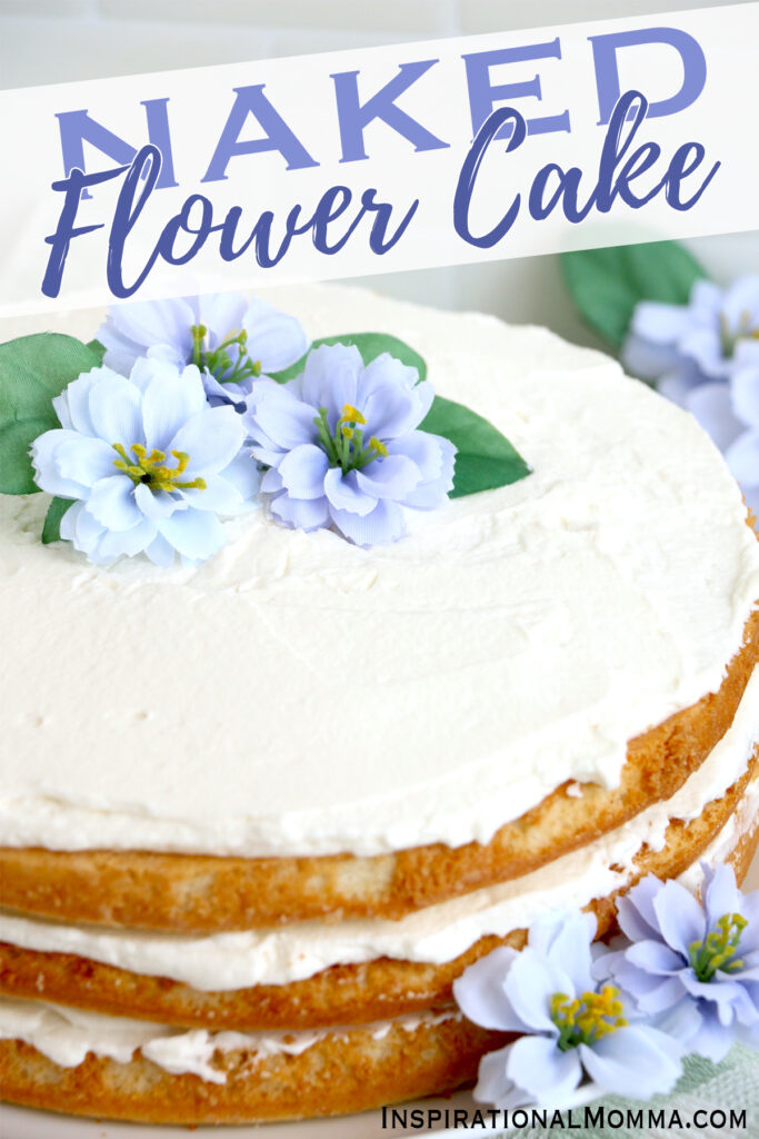 Closeup shot of naked flour cake decorated with flowers