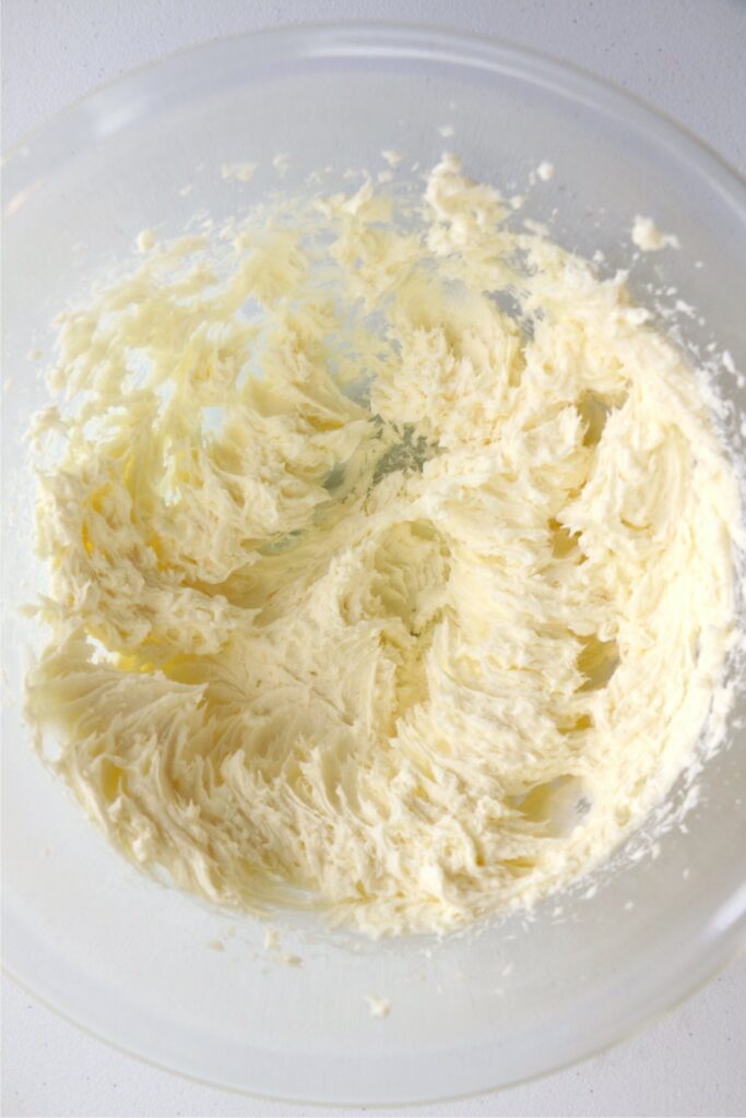 Overhead shot of whipped cream cheese in bowl