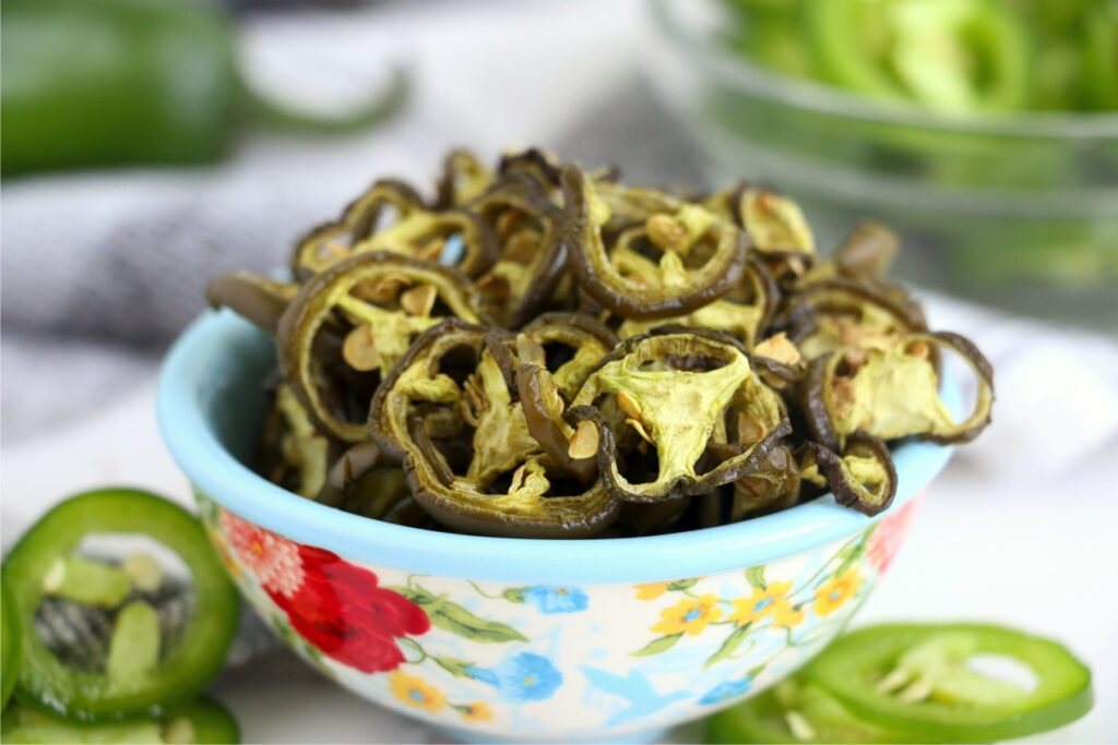 Closeup shot of bowlful of dried jalapenos