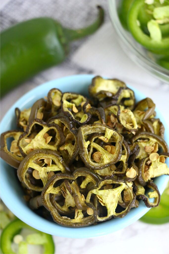 Closeup shot of bowlful of dried jalapenos