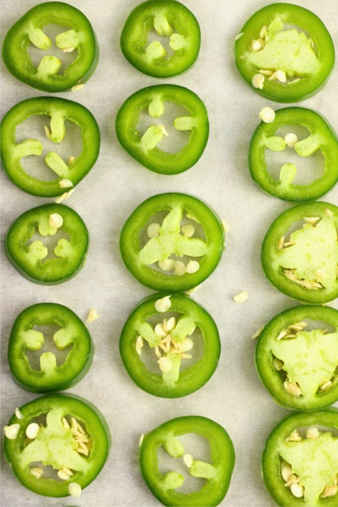 Closeup overhead shot of sliced jalapenos