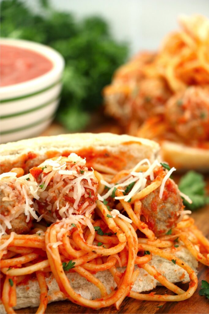 Closeup shot of spaghetti stuffed sub