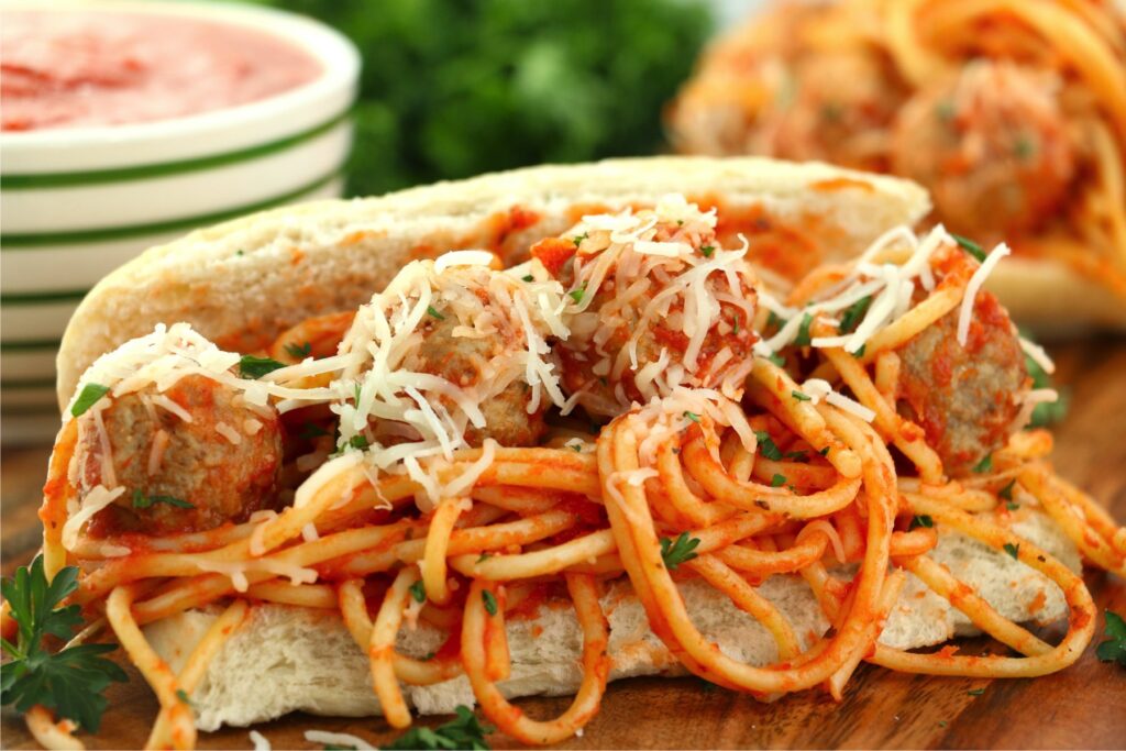 Closeup shot of spaghetti stuffed sub