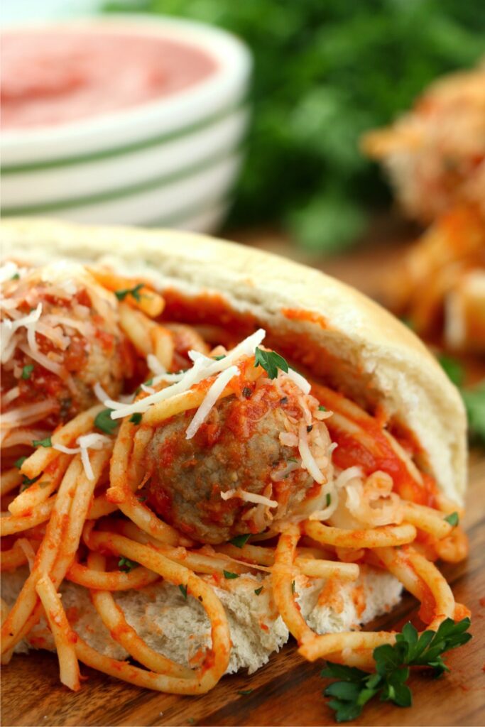 Closeup shot of spaghetti stuffed sub