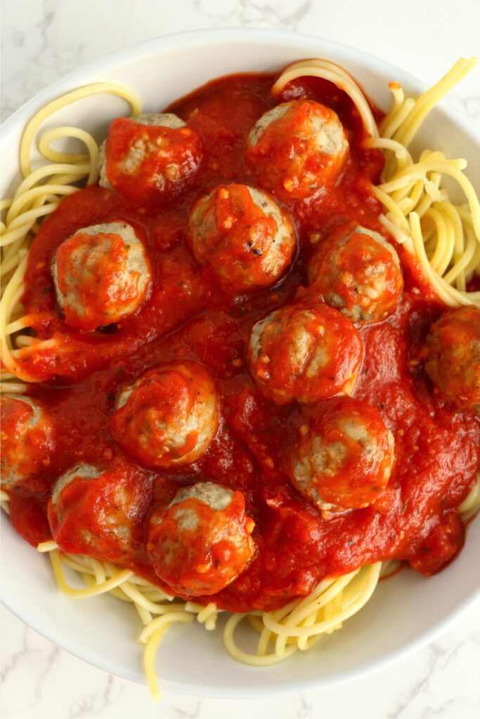 Overhead shot of spaghetti and meatballs in bowl