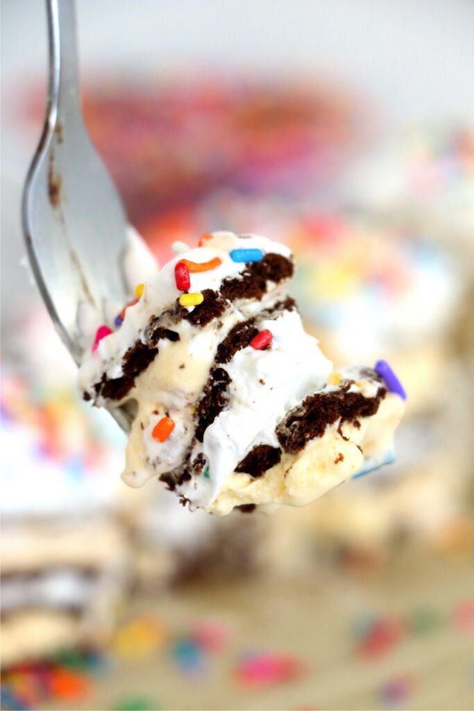 Closeup shot of forkful of ice cream sandwich cake