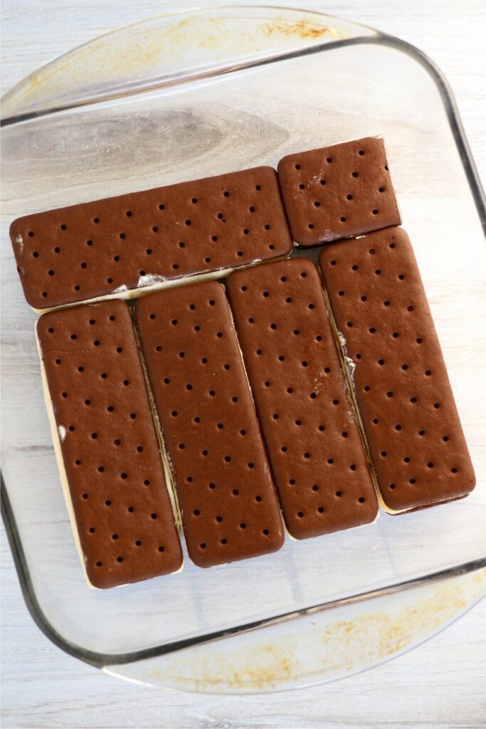 Overhead shot of ice cream sandwiches in a baking dish