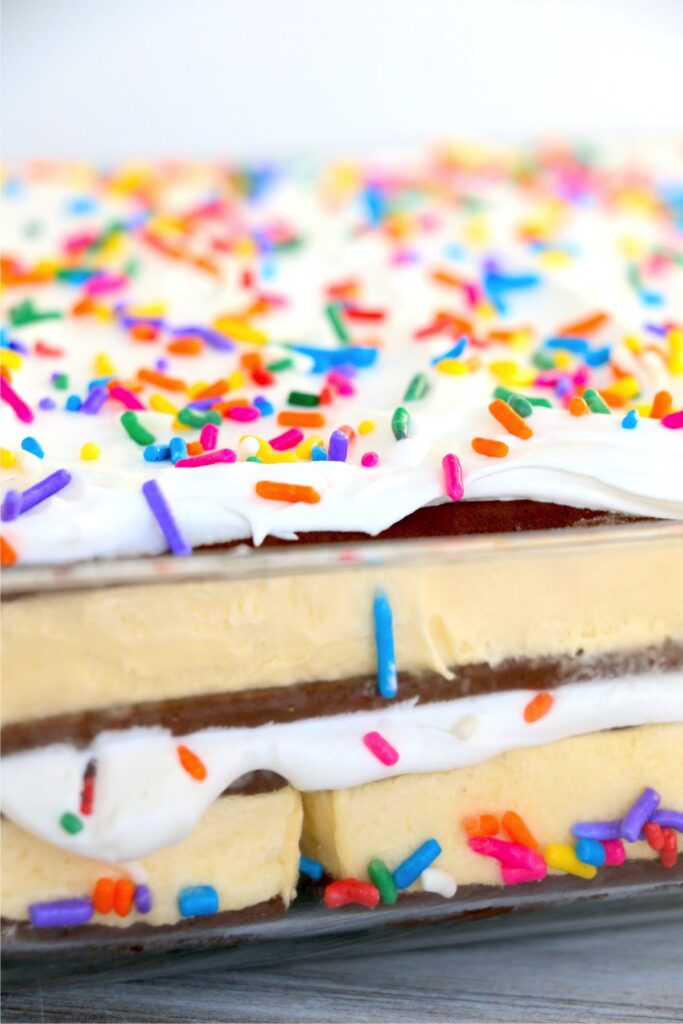 Closeup shot of easy ice cream sandwich cake in baking dish
