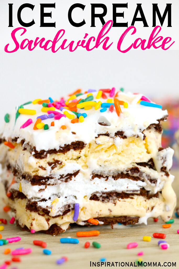 Closeup shot of slice of easy ice cream sandwich cake on wooden board